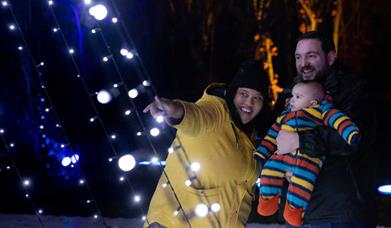 String lights are hanging down to the left. To the right, a woman wearing a yellow coat points at the lights while smiling. Next to her is a smiling m