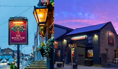 An image of The Royal Oak, captured from the street at sunset, with a purple and pink sky