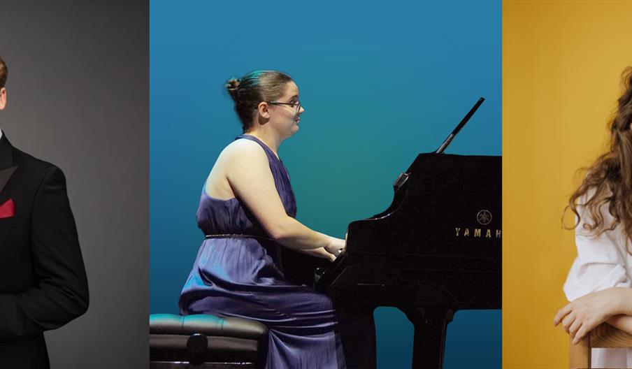 A collection of images featuring the three musicians performing at the event