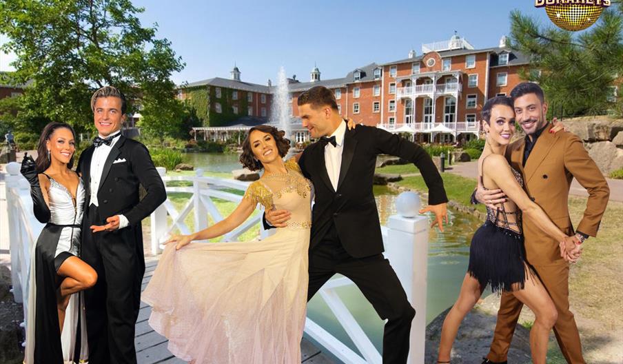 Image shows dancers in various poses, superimposed onto a photo of the Alton Towers Hotel