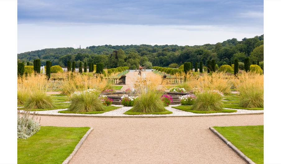 The Italian garden with lake beyond at the Trentham Estate, Stoke-on-Trent, Staffordshire.