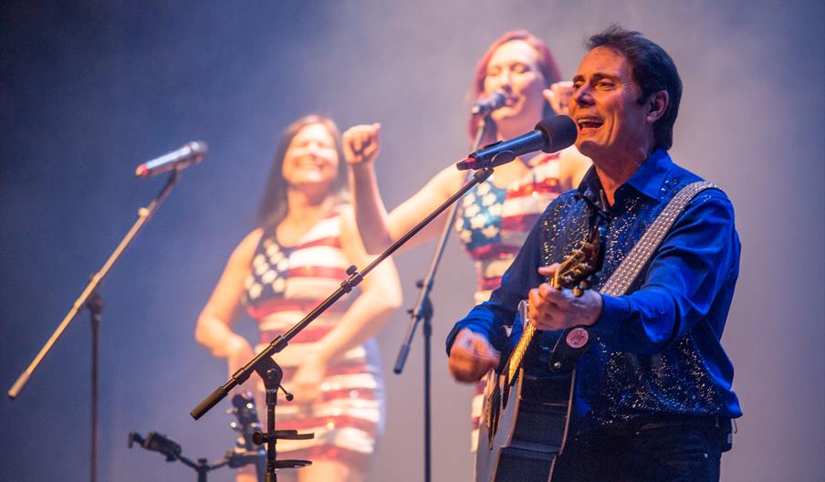 Image shows a Neil Diamond tribute performing on stage with his backing singers