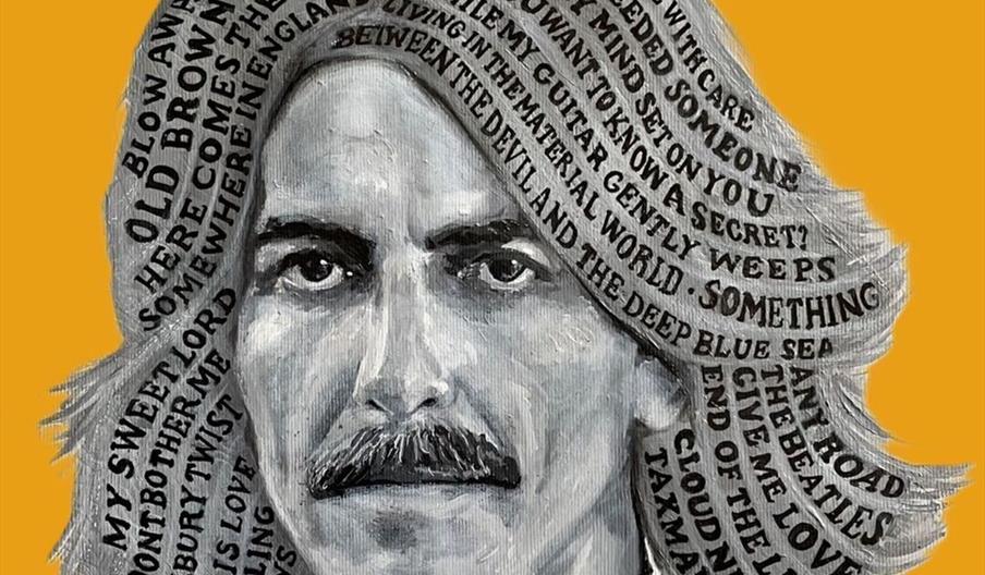 A computerised graphic of George Harrison, with the names of his songs in his hair