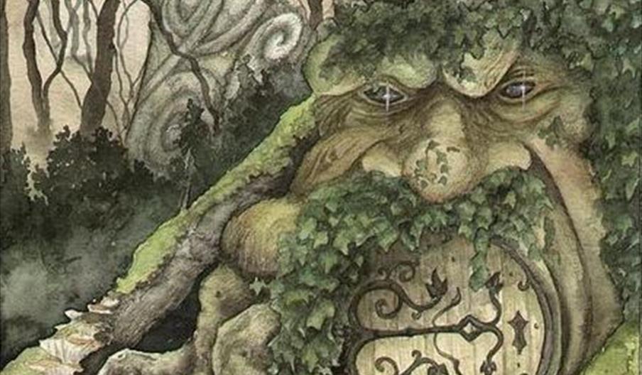 A drawing of a fantasy world, where a tree has a face, whose mouth has been converted into a door