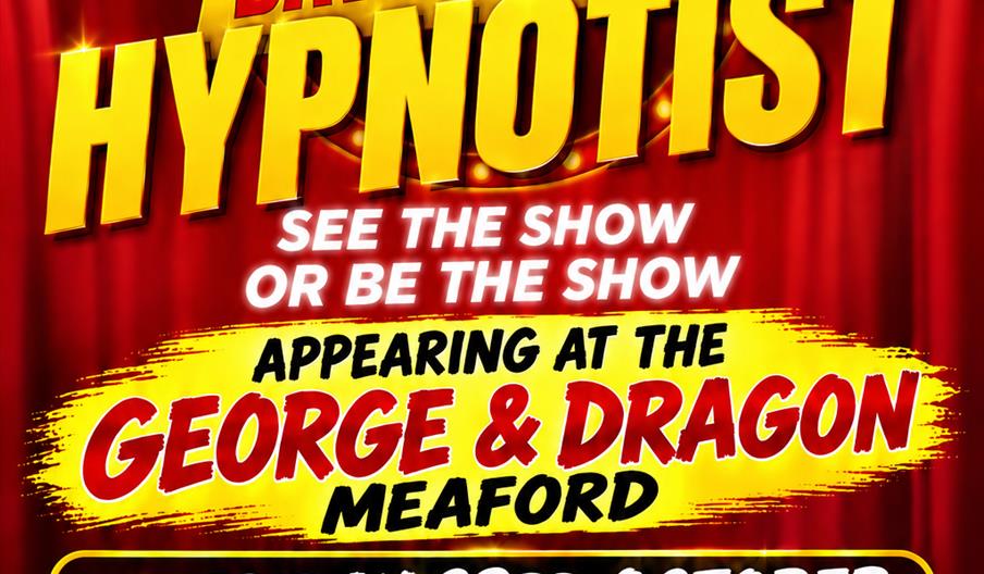 Stage hypnotist show poster at the George & Dragon, Meaford, with ticket details and pie and pea supper included.