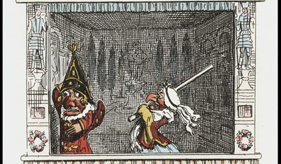 A drawing of a traditional Punch and Judy Show, with Judy getting ready to hit Punch with a stick