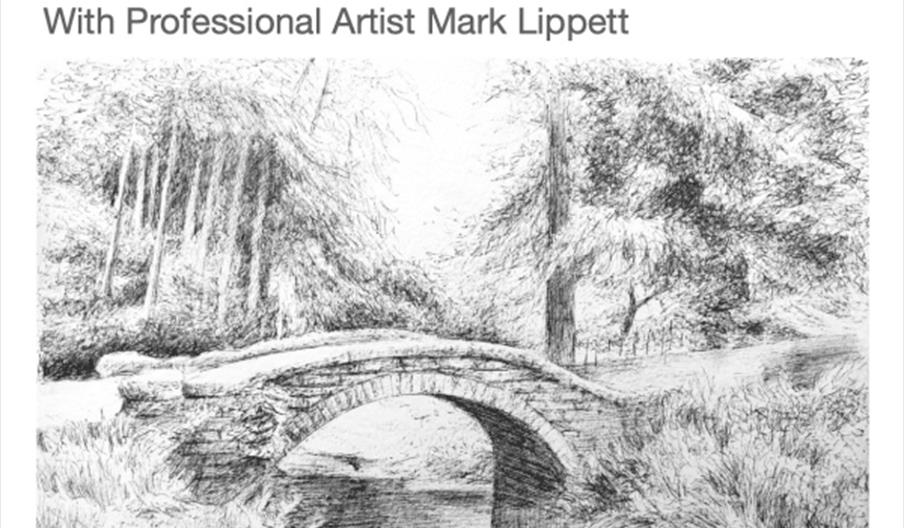 A drawing of a bridge crossing a river in the countryside