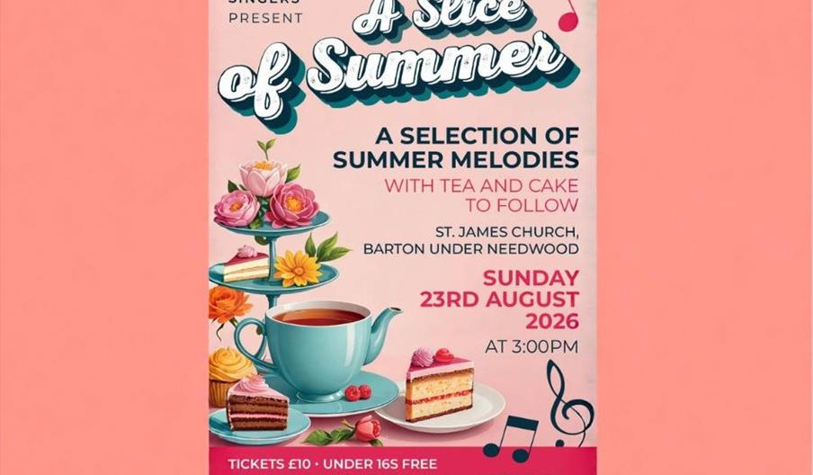 A poster style image with event details wording, a cake stand with various different cakes and a cup of tea