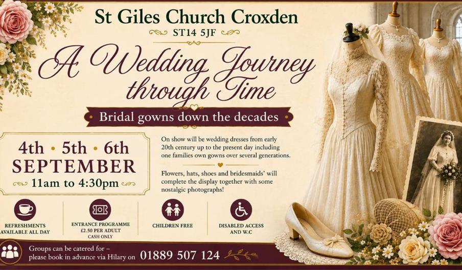 The image is off a poster given information on a wedding exhibition, with pictures of white wedding dresses and shoes in the foreground