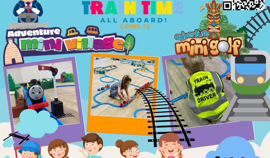 A graphic showing trains on a track, and children building train tracks, plus details of the event