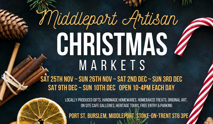 Image shows a graphic with the dates and times of Middleport Pottery's Christmas Markets, plus details of the products on offer