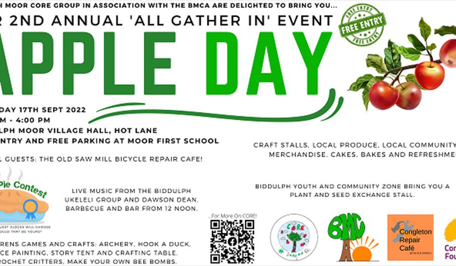 A graphic for the 2022 Apple Day event at Biddulph Moor Village Hall, Staffordshire