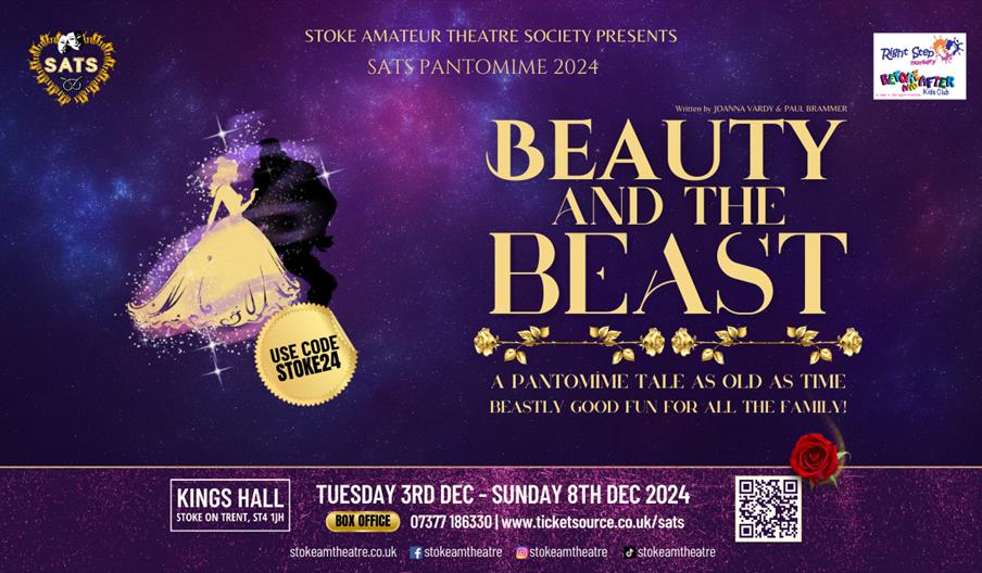 A graphic with all the details for the event, alongside an image of Belle and her beast