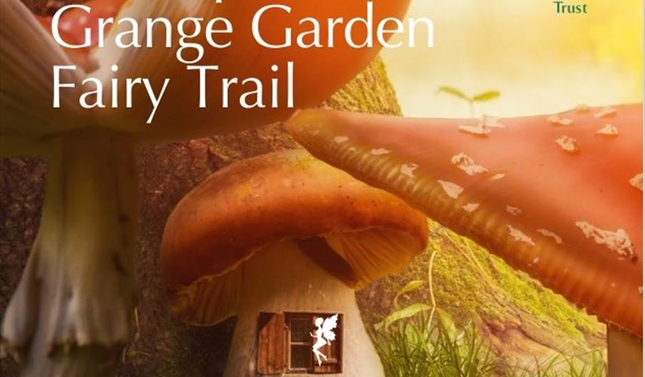 A graphic promoting the fairy trail at Biddulph Grange Garden, Staffordshire, featuring a fairy's tiny toadstool house and a fairy hovering outside th