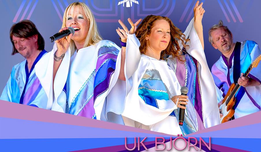 A graphic showing the four members of UK Bjorn, in their ABBA costumes