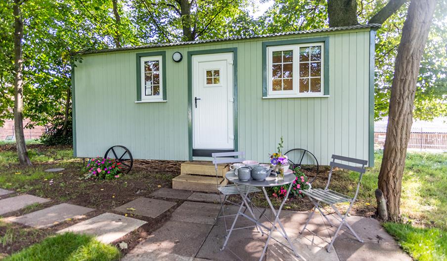 Exterior of Shepherd's Hut at Betley Court Farm, Newcastle, Staffordshire