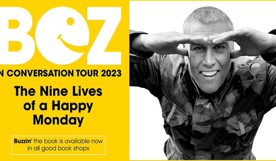 Bez, in a trademark pose, on the poster for his In Conversation tour