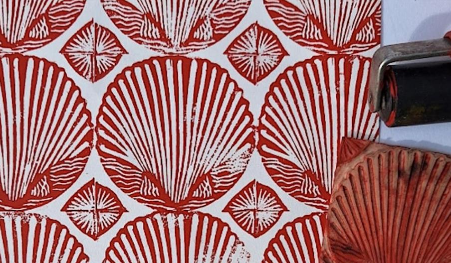 image of red sea shell block pattern printing