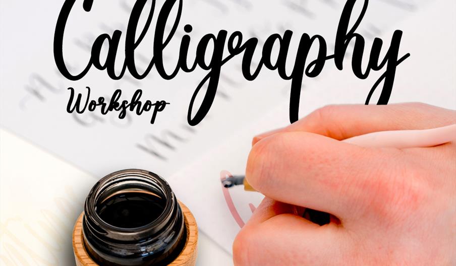 Image shows a hand, practicing some calligraphy, with an open pot of black ink next to it