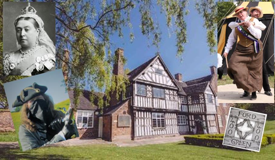 A collage featuring Ford Green Hall and historical images of Queen Victoria and a highwayman