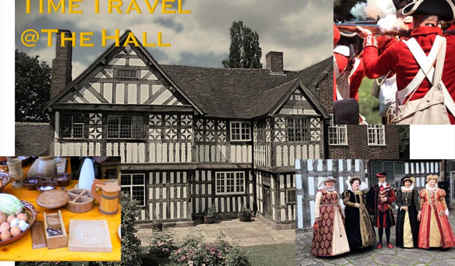 An image of an old Tudor hall, with other images of soldiers firing muskets and people in Tudor costume