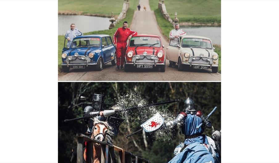 images of The Britalian Job (3 mini's and their drivers) and The Knights of Albion (Knights jousting on horses)