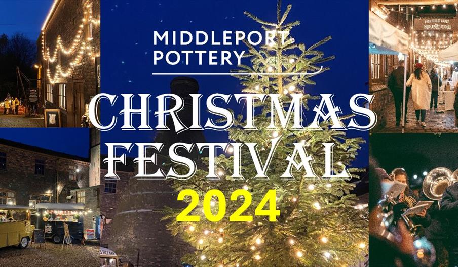 A collage of images of Middleport Pottery at Christmas, including a huge Christmas tree next to a bottle oven