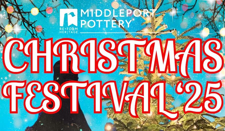 A graphic for the event, with Christmas Festival 2025 written over the top of an image with a bottle oven and a Christmas tree