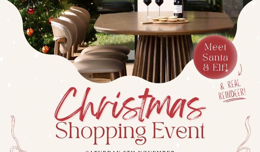 A graphic for the Christmas Shopping Event, which also says you can meet Santa, Elf and some real reindeer