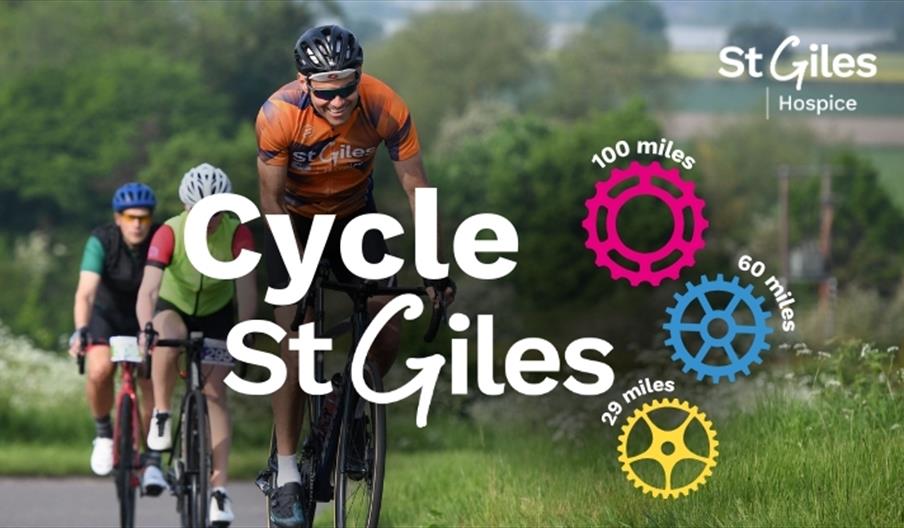Three people on bikes, racing up a hill on a sunny day, with the words 'Cycle St Giles' emblazoned over the top, and details of the three events