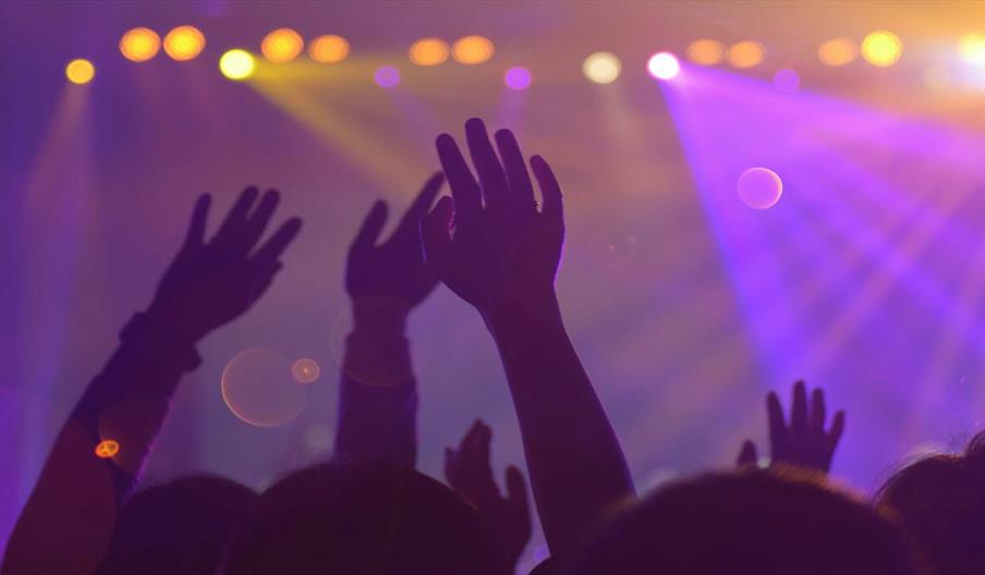 Silhouette of a crowd with raised hands at a concert