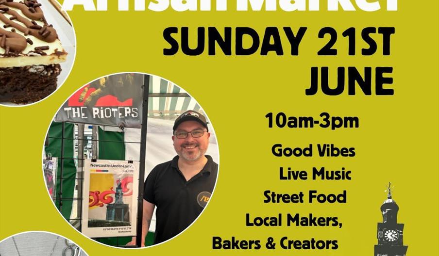 Promotional poster for Castle Artisan Market on Sunday 21st June, featuring images of handmade jewellery, baked treats, and a stallholder, with detail