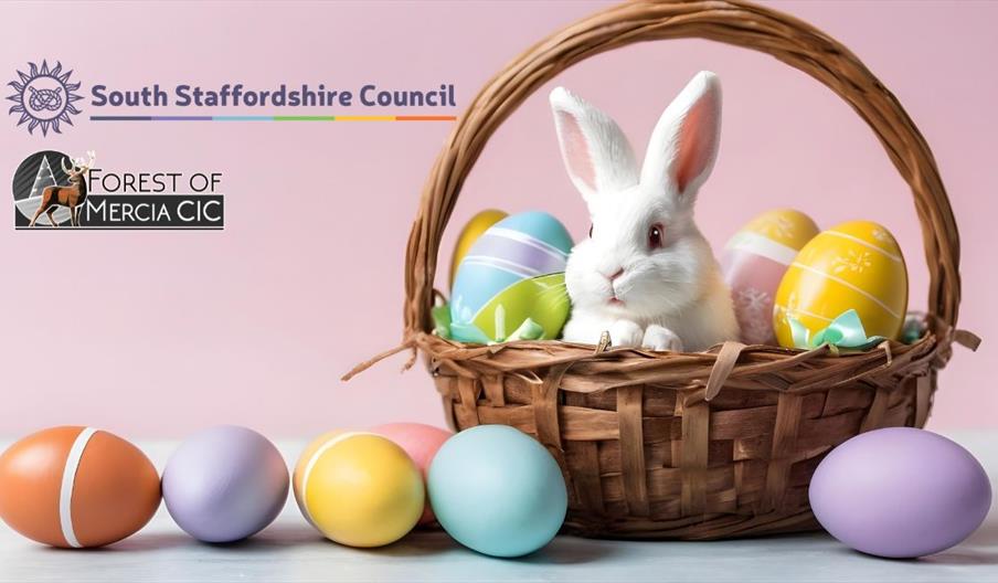 Easter eggs and white rabbit with South Staffordhshire Council and Forest of Mercia CIC logos