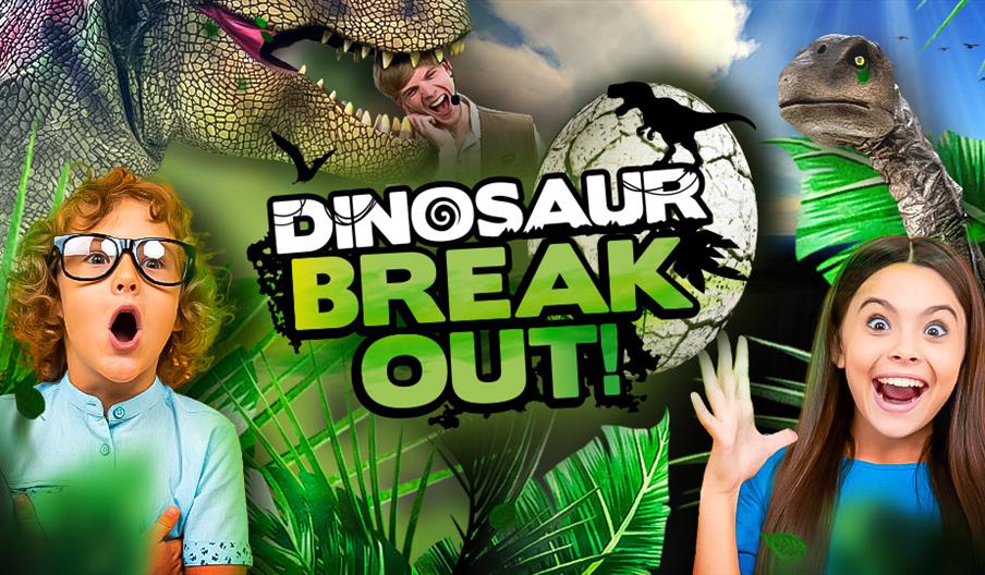 A graphic for Dinosaur Breakout! at Drayton Manor Resort, Staffordshire, featuring two young visitors and the terrifying dinosaurs which are on the lo