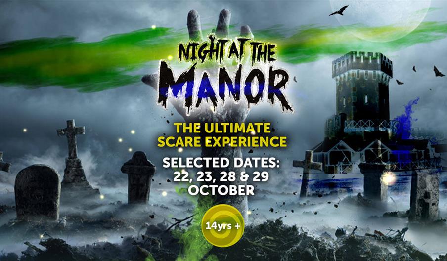 A graphic for Night at the Manor, coming to Drayton Manor Resort, Staffordshire this Halloween