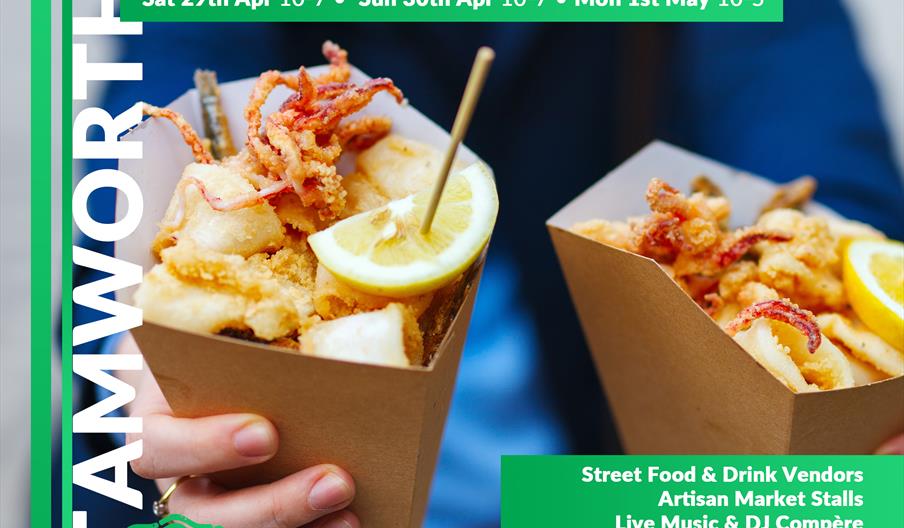 A graphic promoting Dine 'n' Devour, a food festival coming to Tamworth, Staffordshire between 29th April and 1st May 2023.
