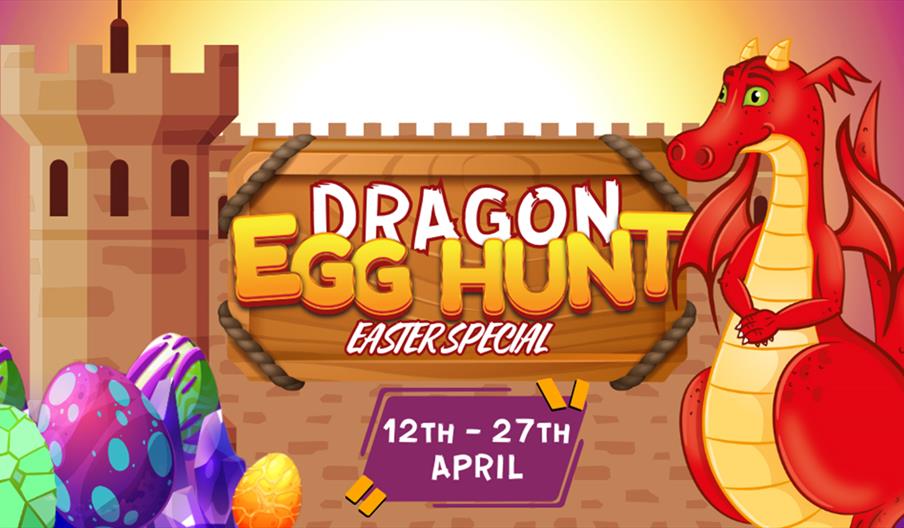 A graphic for the Dragon Egg Hunt, with the dates and some cartoons of Easter eggs and a red dragon, in front of a castle