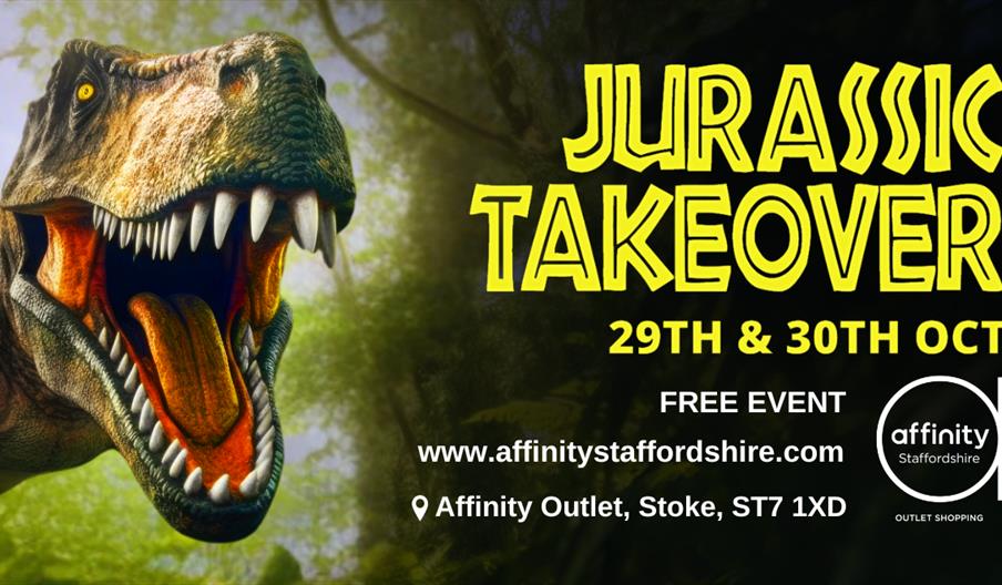 A roaring dinosaur, with 'Jurassic Takeover' and the event details next to it