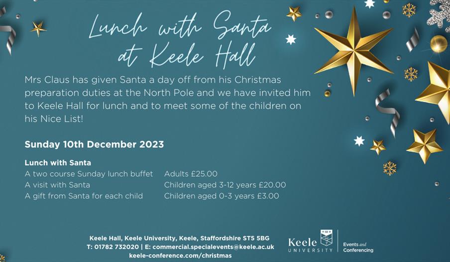 Image shows the date and pricing for the Lunch with Santa event at Keele Hall, Staffordshire