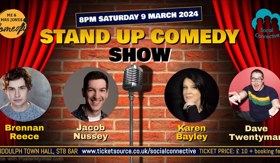 Image shows a graphic promoting the event, featuring names and images of comedians, ticket price, date and venue