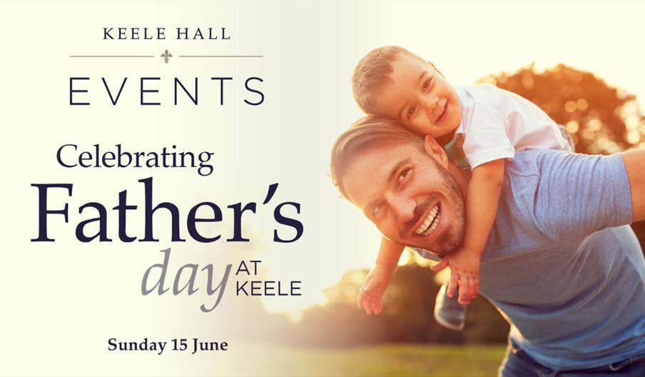 Image shows a dad giving his son a piggy back on the right, with details of the event on the left