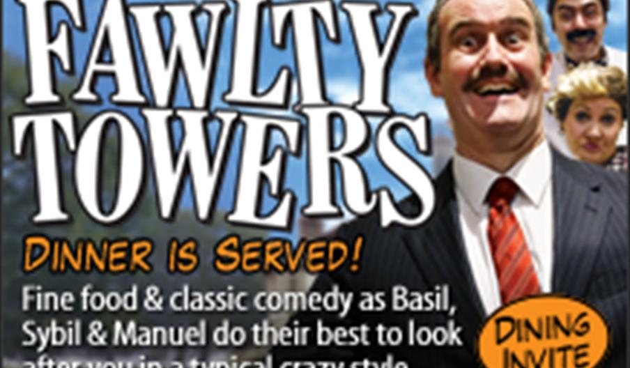 A promotional graphic for the event with three of the characters from the show and 'Fawlty Towers - Dinner Is Served' in large white letters