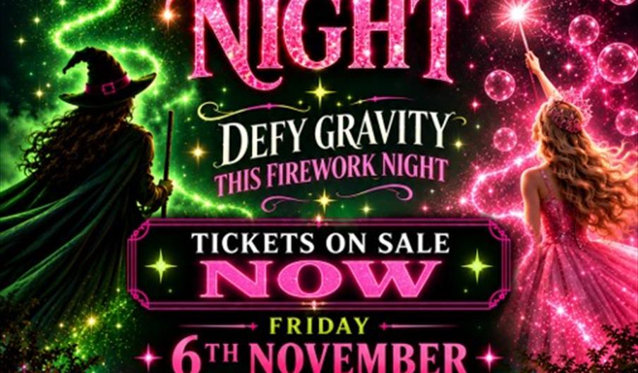 Promotional poster for the Mill at Worston Fireworks Night on 6 November, featuring colourful fireworks, characters inspired by Wicked, and a lakeside