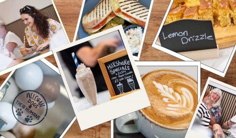 Collage of photos including milkshakes, paninis, lemon drizzle cake and people enjoying coffees