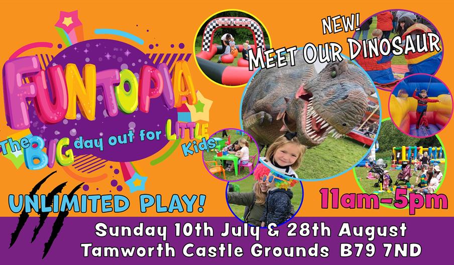A graphic for Funtopia, at Tamworth Castle Grounds, 10th July and 28th August.