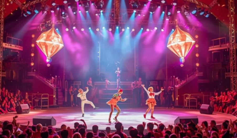 3 performers performing on stage at Gandeys Circus