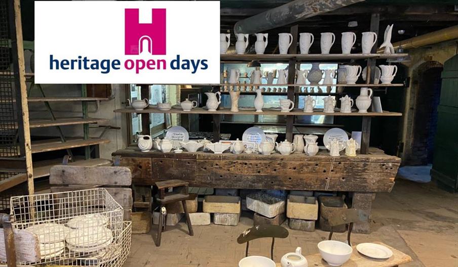 An image from one of the workshops at Middleport Pottery, with examples of some of the wares produced at the factory