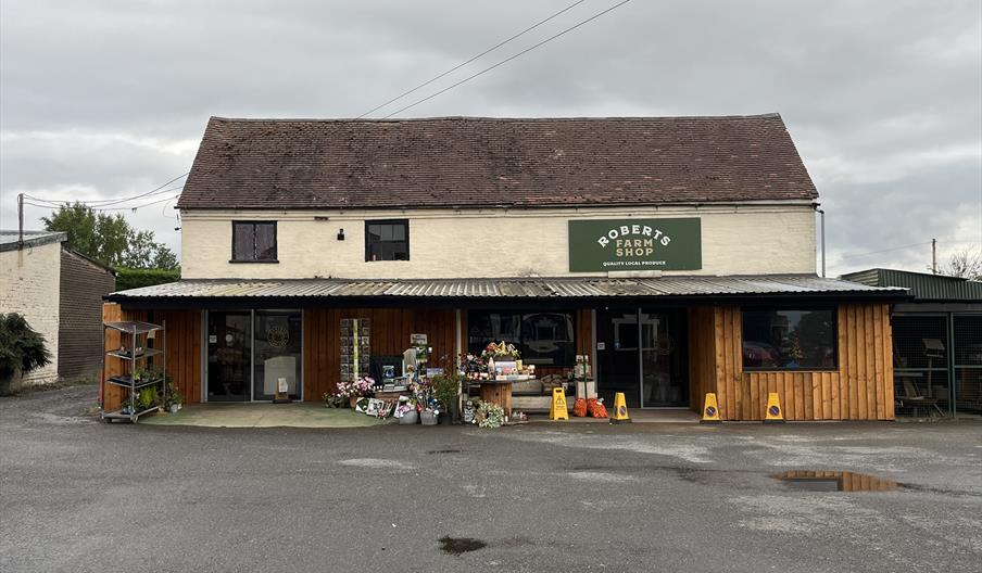 The entrance to Roberts Farm Shop, showing some of the locally-sourced produce available to buy