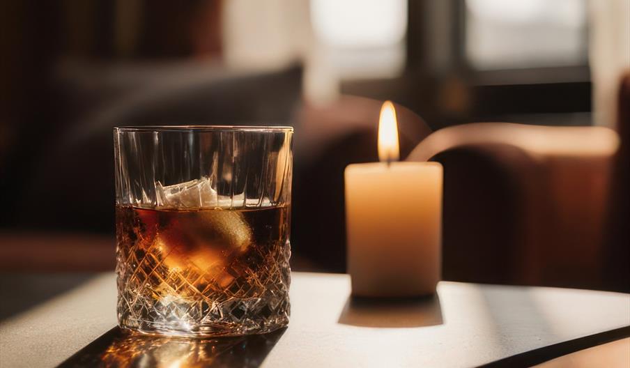 A glass of whisky on a table, next to a burning candle