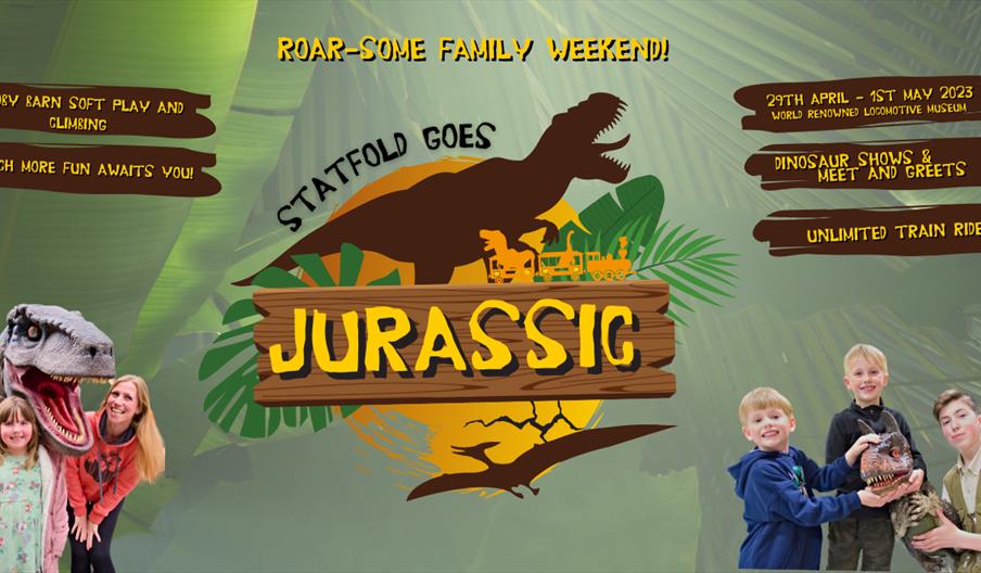 A graphic showing the details of Statfold Goes Jurassic, including the dinosaur shows and meet & greets, at Statfold, in Tamworth, Staffordshire